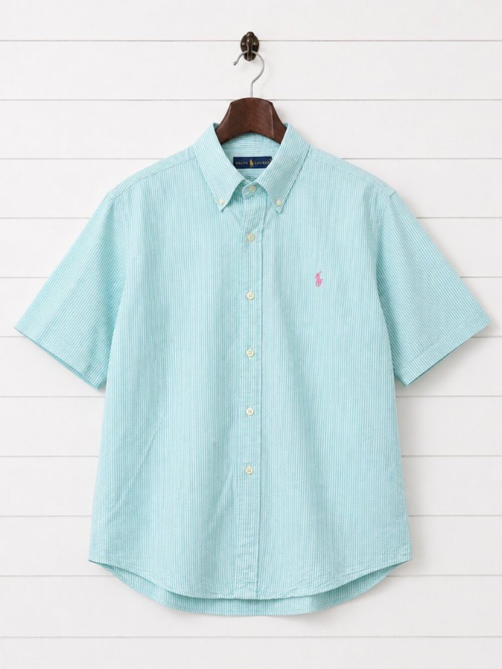 Ralph Lauren Seersucker Shirt Mens L Light Blue White Pink Pony Preppy Coastal